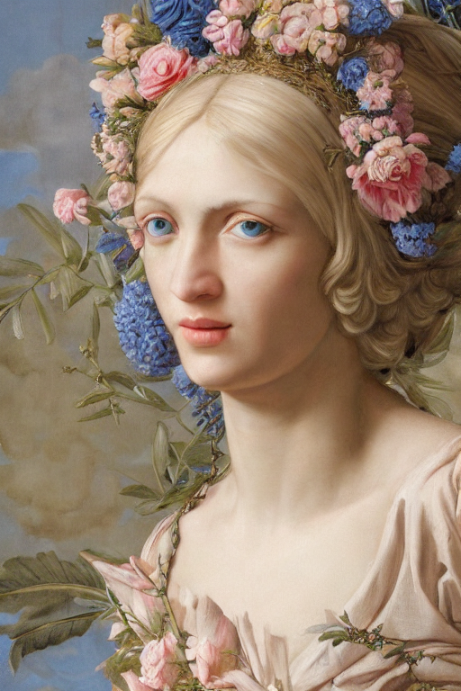 hyperrealism close-up mythological portrait of a medieval blond female merged with huge number of flowers in style of classicism, pale skin, wearing silver silk robe, blue palette