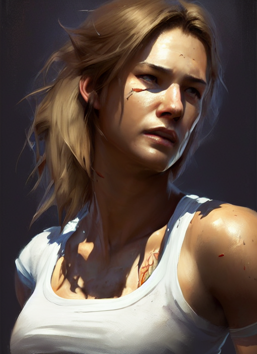 epic portrait cinematic shot an female survivor wearing a white t shirt and a military vest, flowing hair, sweaty skin, fine details. night setting. realistic shaded lighting poster by craig mullism, artgerm, jeremy lipkin and michael garmash, unreal engine, radiant light, detailed and intricate environment, digital art, trending on art station,
