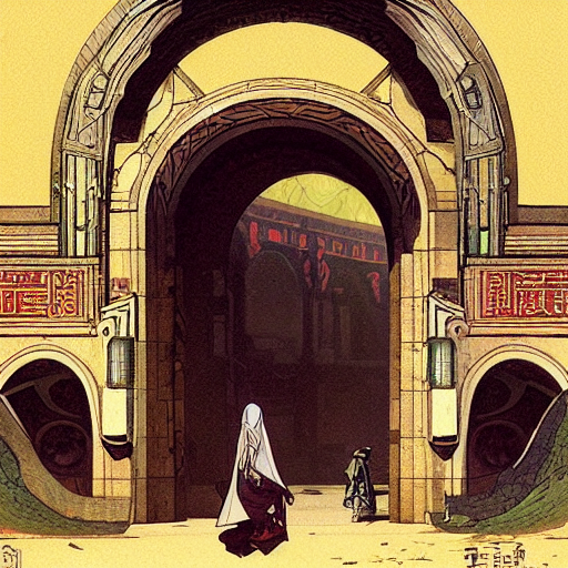 immense art deco archway leading into byzantine arcology with studio ghibli wooden homeless medieval Hong Kong built into it, science fiction concept art by greg rutkowski and wayne barlowe and alphonse mucha