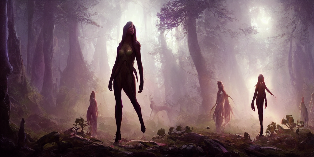 a full body portrait of a beautiful elfin woman leading her people to the safety of a new forest of dreams, liminal space, cosmic color scheme, greg rutkowski