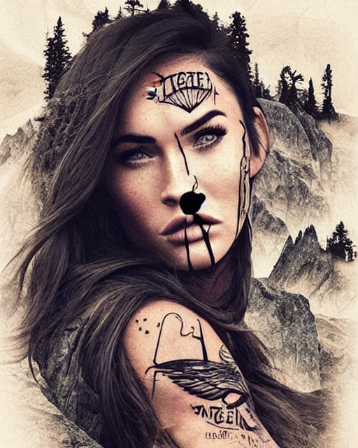 megan fox face artistic double exposure effect beautiful mountain scenery, medium sized tattoo sketch, amazing detail, trending on pinterest, in the style of brandon kidwell