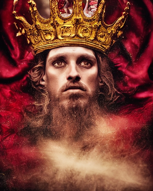 'Portrait of Crowned King Arthur' by Lee Jeffries royally decorated, whirling plasma, atmospheric motes, red and gold Sumptuous garb, gilt silk fabric, radiant colors, fantasy, perfect lighting, studio lit, micro details,
