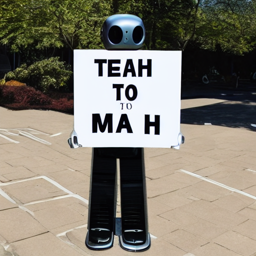 a robot holding a sign saying teach me to spell