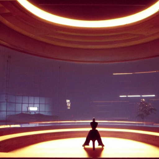 a cinematic frame of a large dojo, night time, shot by roger deakins, dimly lit, low ceilings, beautiful futuristic architecture, chris nolan movie
