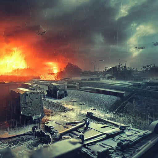 semi futuristic trench warfare, war, explosions, heavy machine gun fire, flame and fire, unreal engine, octane render, cinematic, epic, rainy stormy night, chaotic, 8k, ultra detailed, Artstation, Trending on Artstation, Artstation HQ, Artstation HD, deviant art, Pinterest, digital art, reflections,