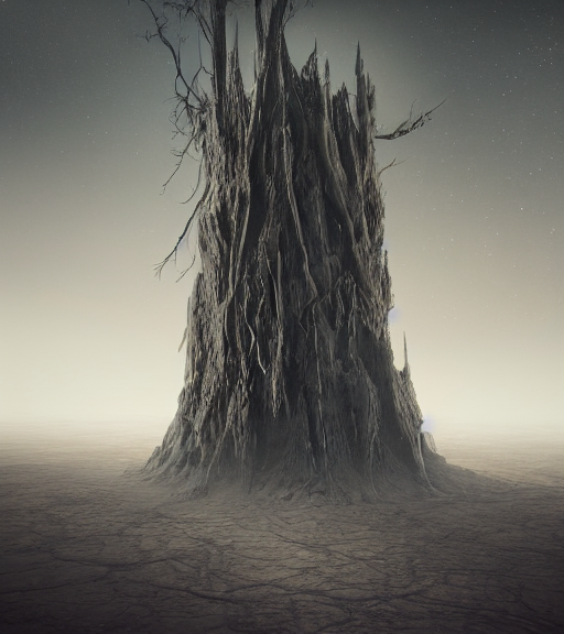 fantasy surreal theory of elysian unfinished tilted tower made of white crystalized, aerial iridecent veins, moonbow, inverted white massive roots of sand in the floor, in the desert, foggy sky, dark night, octane render, unreal engine, pale colors, high detail, 8 k, wide angle, trending on artstation, behance