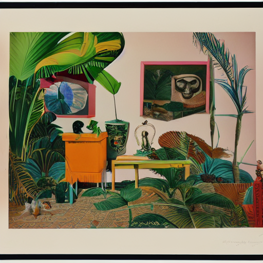 An offset photography of a composition of five object on display, colors, (anthropology of wonder), ((((exotic artifacts)))), bauhause, tropicalism, (colonial expedition), exhibition print, 60s style