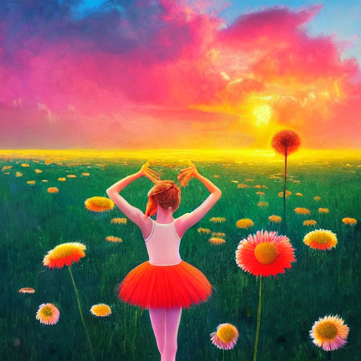 giant daisy flower as head, girl ballet dancing in a flower field, surreal photography, sunrise, dramatic light, impressionist painting, colorful clouds, digital painting, artstation, simon stalenhag