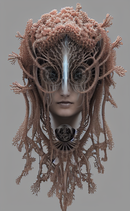 intricate gothic girl mask, eagle coral, jelly fish, mandelbulb 3 d, fractal flame, octane render, cyborg, biomechanical, futuristic, by ernst haeckel