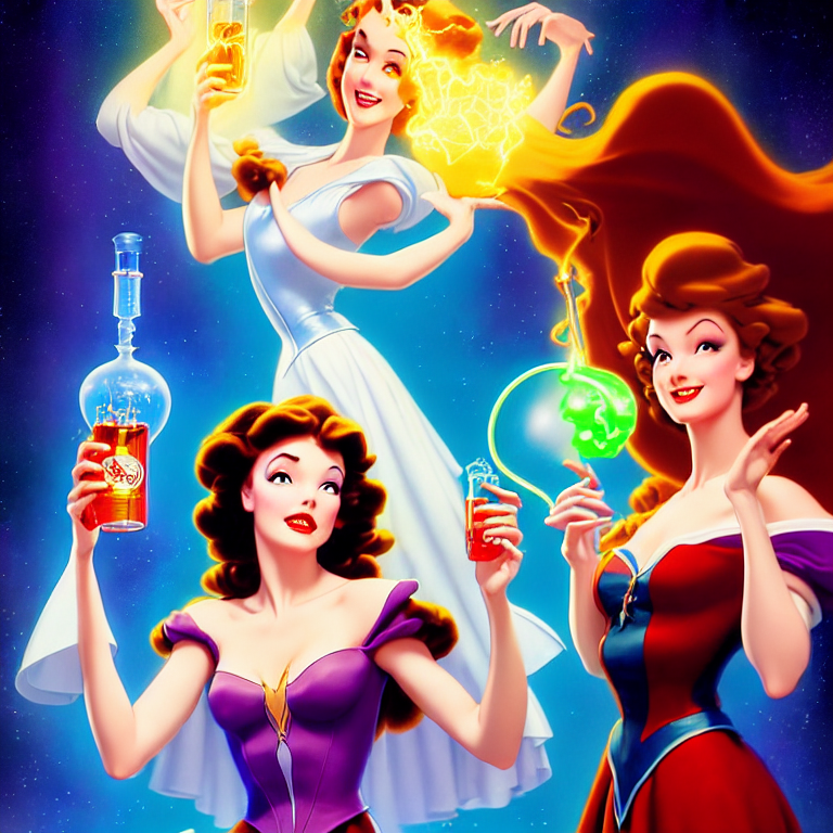 key visual of an attractive sorceress holding two flasks full of glowing liquid, mad scientist's lab background, by gil elvgren and stanley lau, disney princess style, epic, 4 k, hdr, cinematic