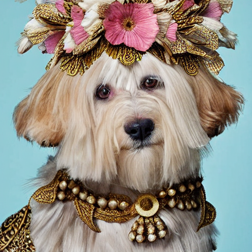 cream - colored havanese dog wearing an ornate african necklace, a large headpiece made from flowers, soft light colored background, intriguing pose, magazine fashion photo by mark seliger