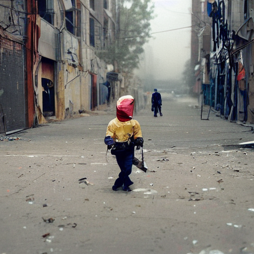a photo of a boy wearing a hazmat suit with a clear glass backpack containing small plant, walking away from the camera, smoke in the background, filthy streets, broken cars. Vines growing. Jpeg artifacts. Full-color photo. Color color color color color. Award-winning photo. OM system 12–40mm PRO II 40mm, 1/100 sec, f/2 8, ISO 800