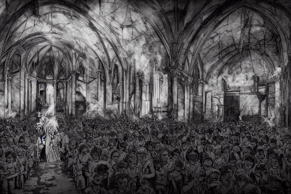 Horrific Demonic Possession Of Elementary School Children and Priests and Nuns In A Dilapidated Burning Church In Rome, Junji Ito Kazuo Umezu Style, beautiful aesthetic, photorealistic, volumetric lighting, hyperrealistic, octane render, HDR, photorealistic