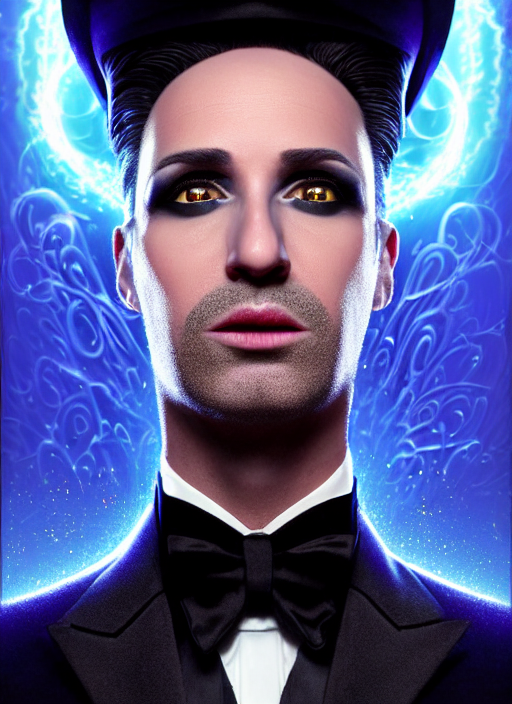 hyperrealistic mixed media portrait of a devious male magician, stunning 3d render inspired art by Tim and Greg Hildebrandt + perfect facial symmetry + dim volumetric lighting, ornate black tuxedo, swirling mystical energy, 8k octane beautifully detailed render, post-processing, extremely hyperdetailed, intricate, epic composition, grim yet sparkling atmosphere, cinematic lighting + masterpiece, trending on artstation, Art Nouveau