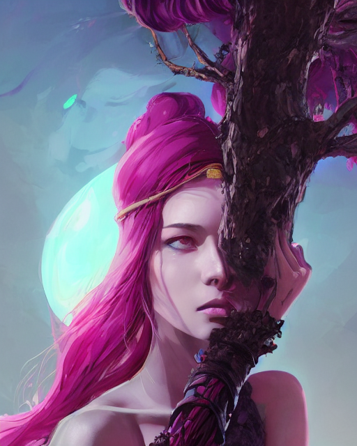 a highly detailed digital art of A beautiful woman, with medium length magenta hair covering an eye, and a tall tree, and large obsidian crystals, cinematic lighting, dramatic atmosphere, by Dustin Nguyen, Akihiko Yoshida, Greg Tocchini, Greg Rutkowski, Cliff Chiang, 4k resolution, trending on artstation