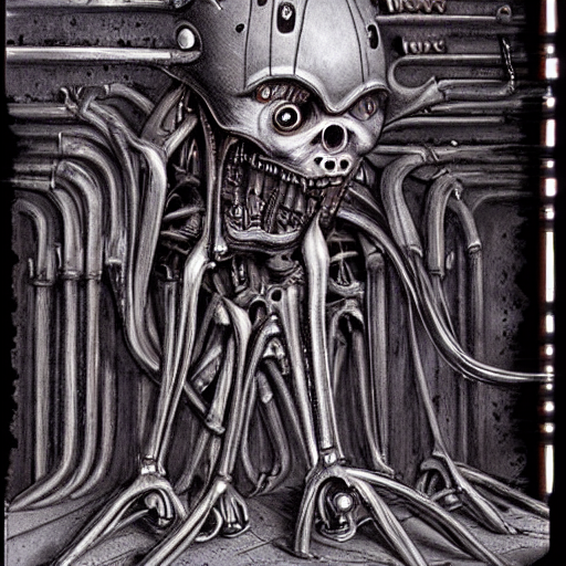 a biomechanical tripedal creature designed by giger, horrifying, in an abandoned basement