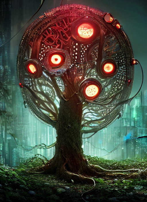 intricate mechanical translucent apple with visible gears and components inside, growing off a tree, on the background of a weird magical mechanical forest. Very detailed 8k. Fantasy cyberpunk horror. Sharp. Cinematic post-processing