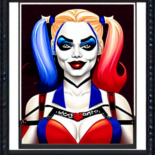 Harley Quinn, original portrait by J Scott Campbell, framed with intricate art deco border
