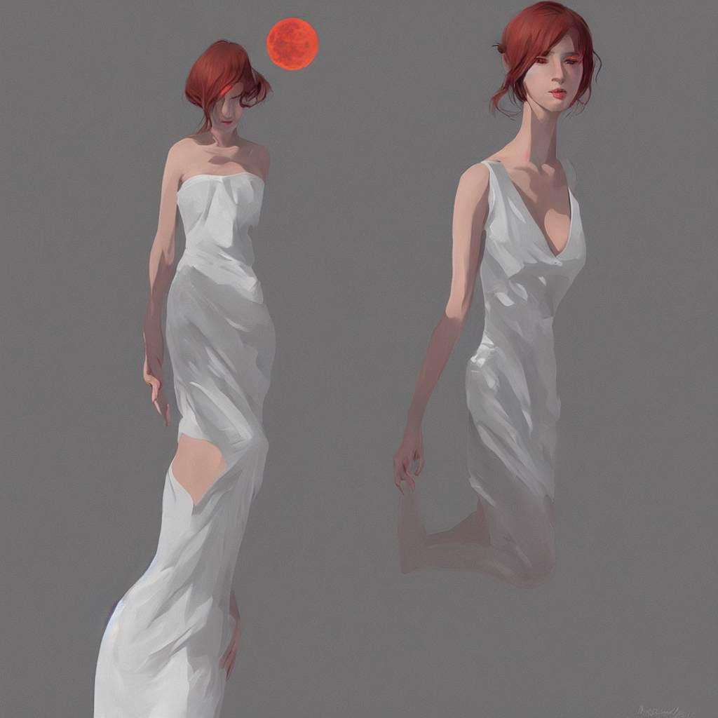 girl in white evening dress, blood moon, elegant, 2d, ultra highly detailed, digital painting, smooth, sharp focus, artstation, portrait art by Ilya Kuvshinov