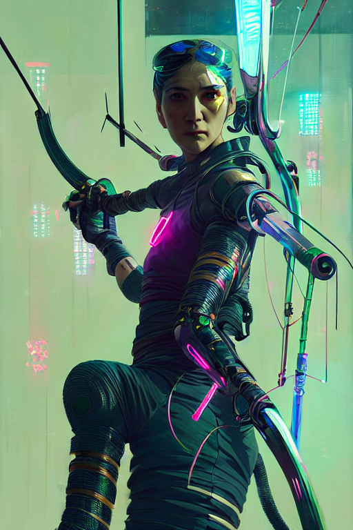 female archer, cyberpunk futuristic neon. fencing, long sword in her hand, decorated with traditional japanese ornaments by ismail inceoglu dragan bibin hans thoma greg rutkowski alexandros pyromallis nekro rene maritte illustrated, perfect face, fine details, realistic shaded, fine - face, pretty face, masterpiece