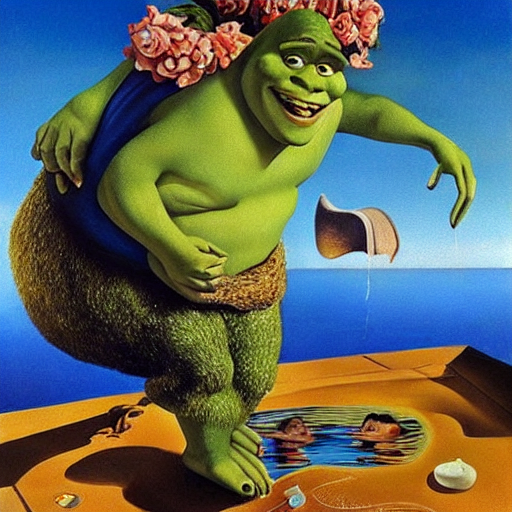 shrek taking a dip in the pool on a lovely summer's day, surreal Salvador dali painting (1932), oil painting