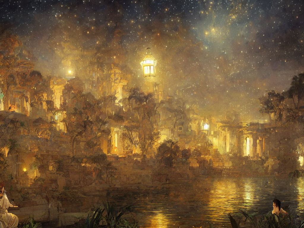 a beautiful painting of the view from the river of the lantern festival in a an ancient egyptian city, at night with a sky full of stars, intricate, elegant, highly detailed, digital painting, artstation, concept art, by krenz cushart and artem demura and alphonse mucha