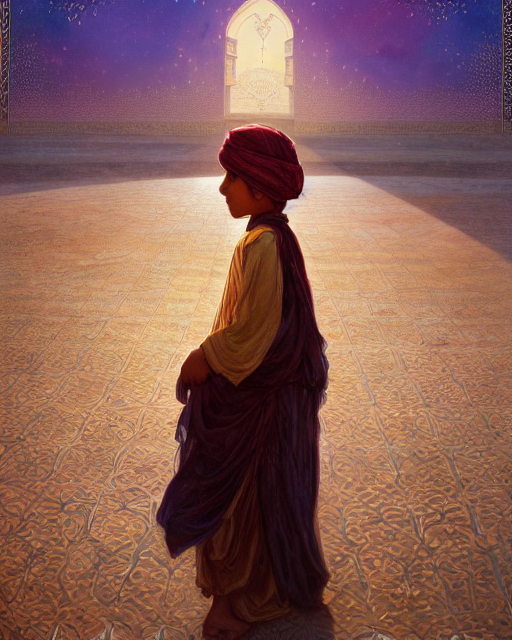 a faceless bedouin child infront of a big open quran highly detailed, gold filigree, romantic storybook fantasy, soft cinematic lighting, award, watercolor illustration by mandy jurgens and alphonse mucha and alena aenami, pastel color palette, featured on artstation