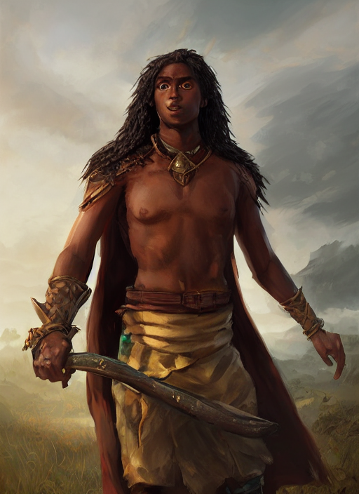 An epic fantasy comic book style portrait painting of a young dark skinned long haired boy peasant with intelligent eyes, unreal 5, DAZ, hyperrealistic, octane render, cosplay, RPG portrait, dynamic lighting