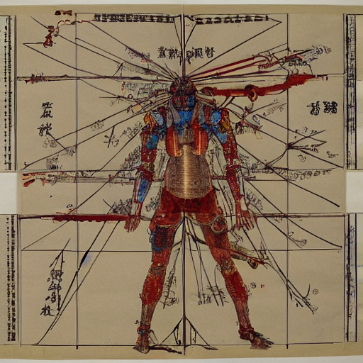 a brilliantly colored Japanese scroll of an exploded diagram of a detailed engineering schematic of a cyborg samurai made by an AI in the pose vitruvian man in the style of jean giraud , post-processing , award winning, photo realistic, aged blood stains