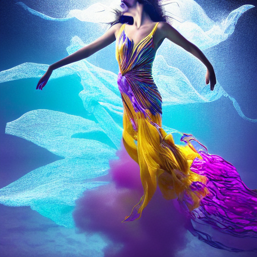 masterpiece artwork of beautiful modern woman dancing underwater wearing a flowing dress made of blue, magenta, and yellow seaweed, delicate coral sea bottom, swirling silver fish, swirling smoke shapes, octane render, caustics lighting from above, cinematic, hyperdetailed
