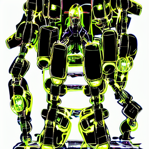 the headless fullmetal kerberos robot sirius in electrical wired neon yellow noir outfit, with eyelike neon lights in its torso, colored manga illustration by yoji shinkawa and james jean