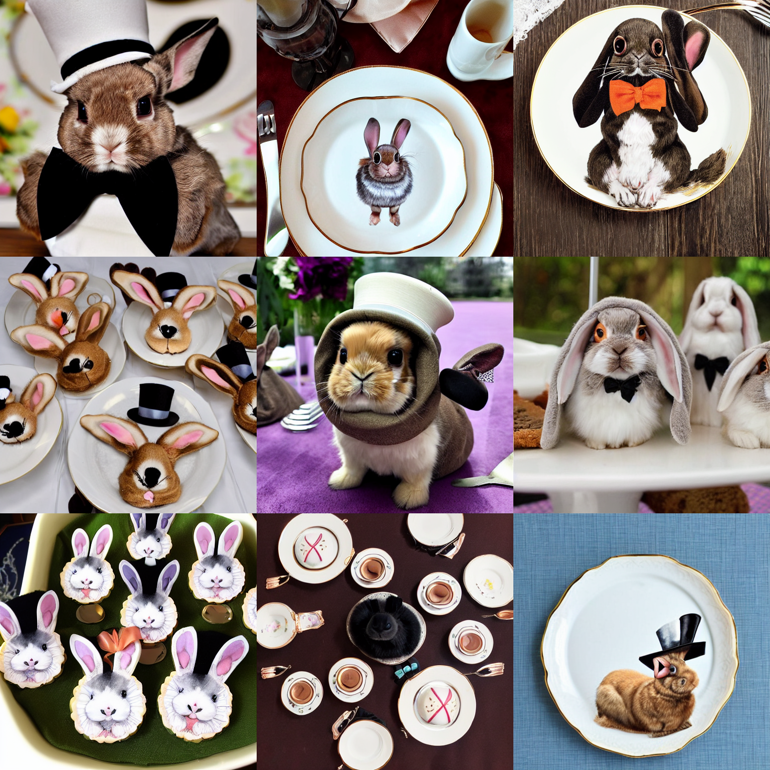 holland lop flop-eared bunnies wearing suits, monocles, and top hats, attending high tea, fine china, fancy desserts, elegant