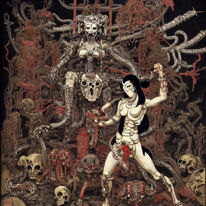 still frame from Prometheus by Utagawa Kuniyoshi, death god Kali Durga as Dr doom in ornate bio cybernetic bone armour in front of burning souls and pile of alien skulls by Wayne Barlowe by peter Mohrbacher by Giger, dressed by Alexander McQueen and by Neri Oxman, metal couture hate couture editorial