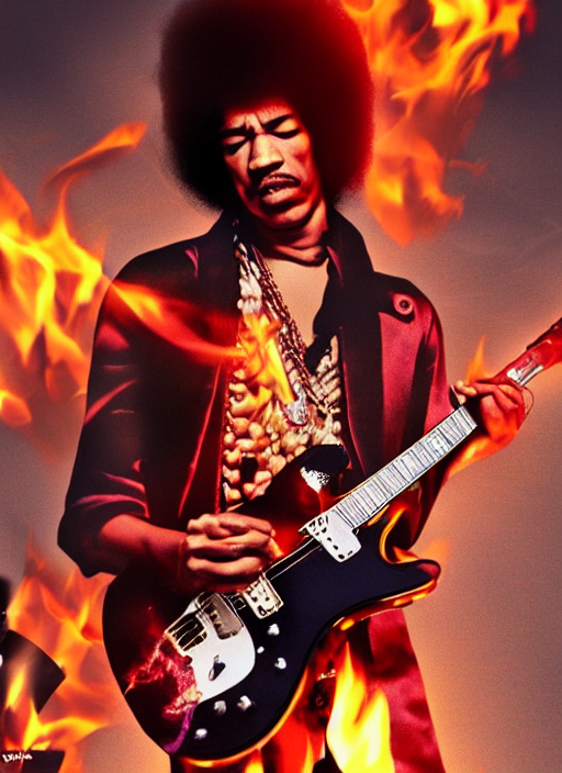 jimi hendrix setting his guitar on fire on stage, photorealistic, 8 k resolution, octane render