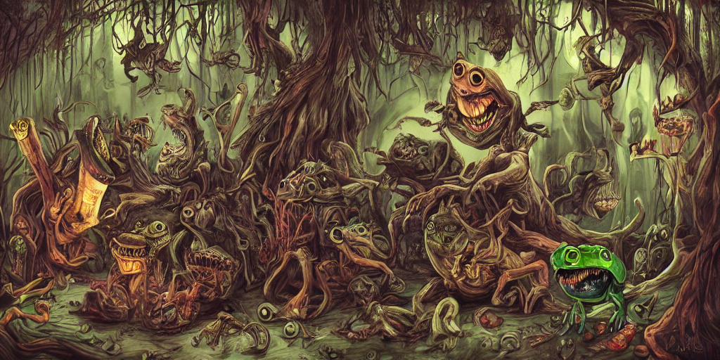 a dark ritual performed by evil frogs from alice in wonderland, hyper - detailed, expression, energetic, horror, creepy, scary, digital art