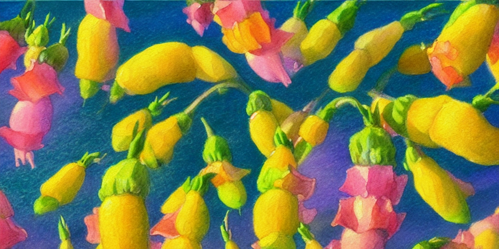a beautiful painting of snapdragon seed pods, by studio ghibli 8 k pastel colours, isometric, six point perspective, drone shot, smeared watercolours, golden light, film grain
