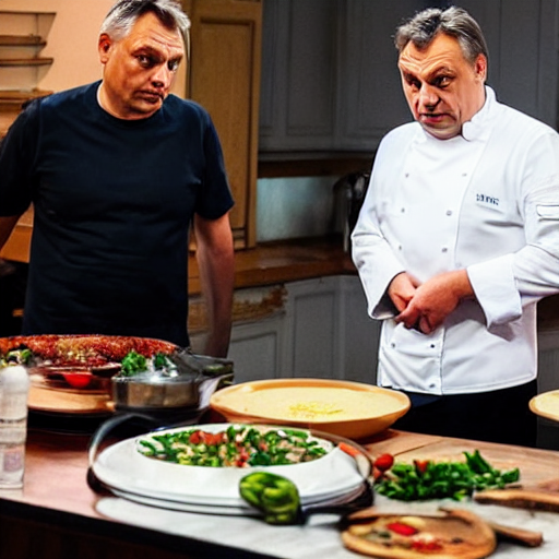 viktor orban cooks in a tv show, oil painting