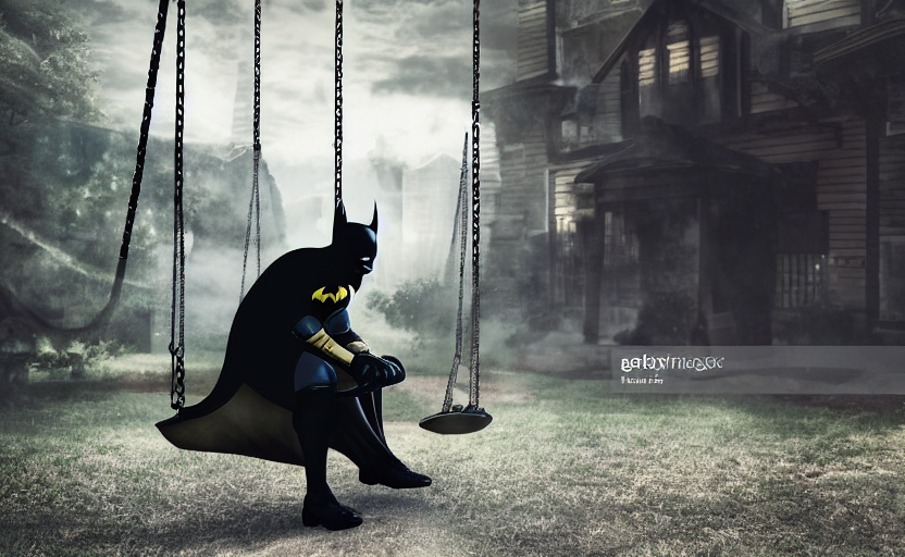 Batman sad sitting on a swing in front of his home, 8k