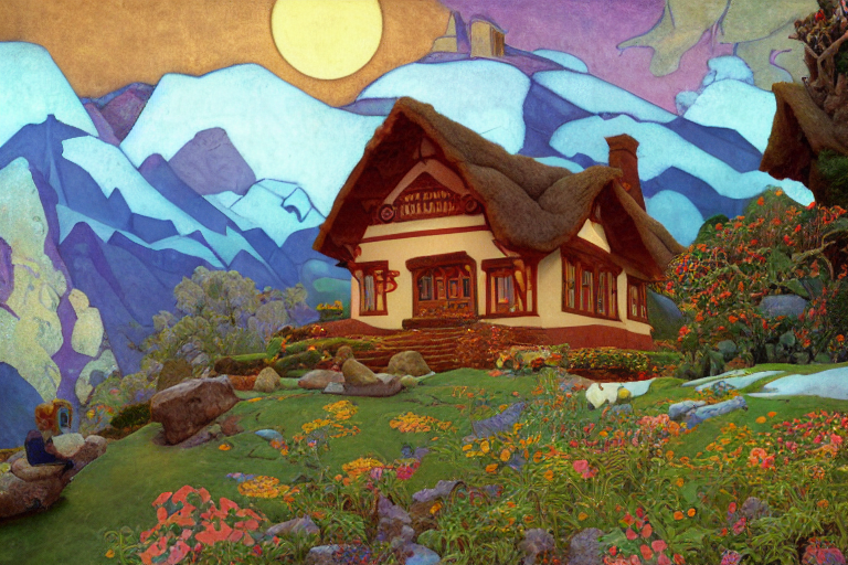the enchanted cottage and gardens of a wise woman on a mountaintop, dramatic cinematic lighting, folk-art carved painted wood house, rich colors, by Nicholas Roerich and William Dyce and ford madox brown and April Gornik and Caspar David Friedrich and Diego Rivera and Tyler Edlin and Ivan Bilibin, featured on artstation